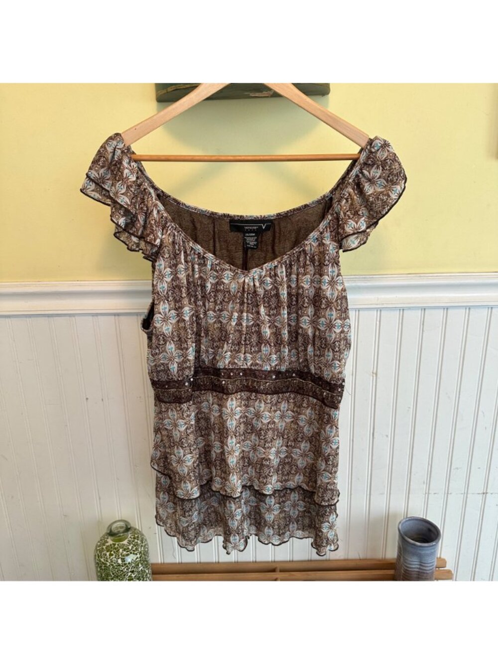 Venezia Y2K Vintage Blouse Brown & Blue Floral Pattern Off-Shoulder Ruffle
